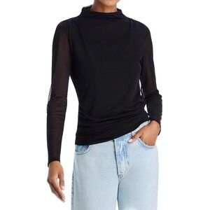 Aqua Black Mock Neck Long Sleeve Ruched Sheer Mesh Top Blouse‎